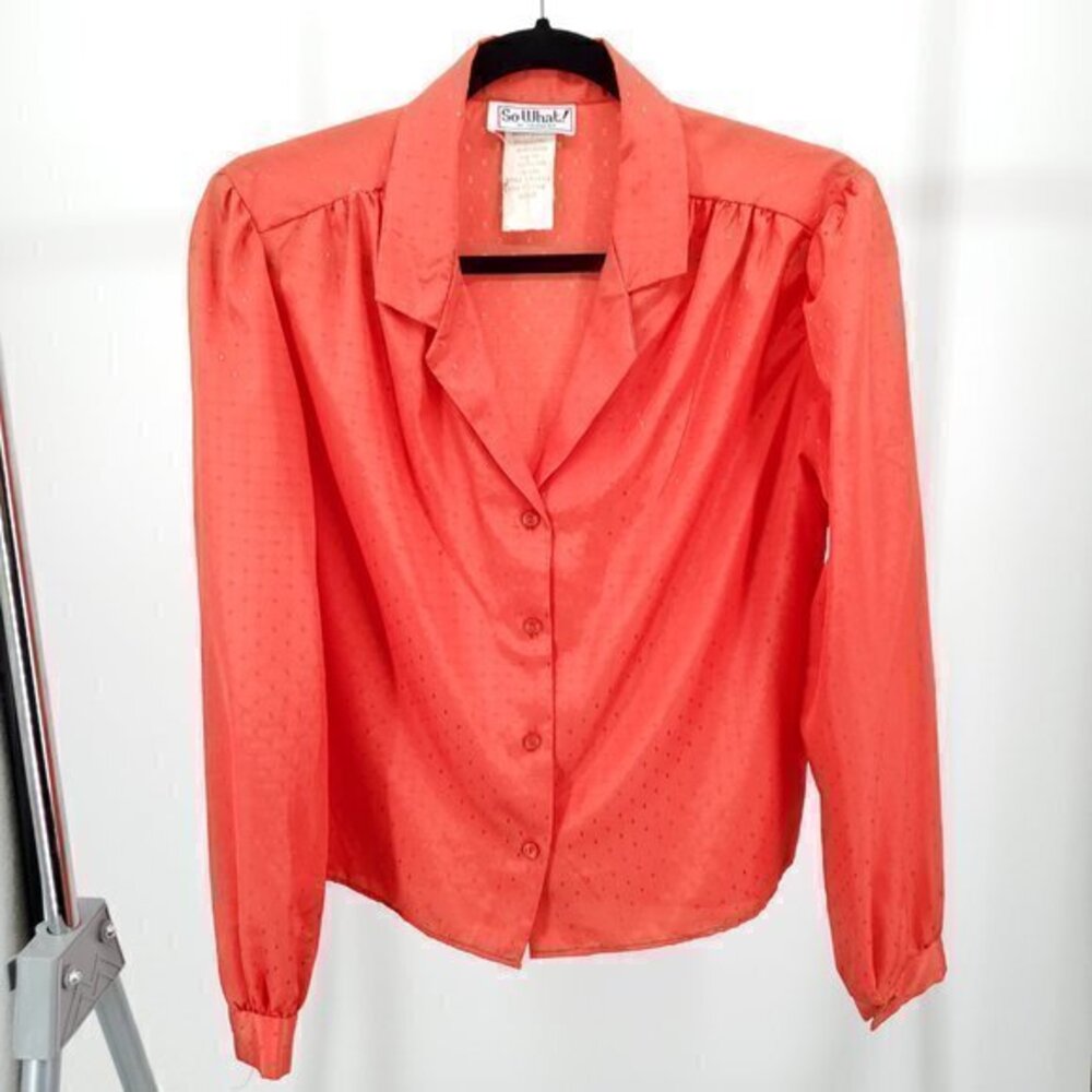 Vintage So What Button Up Puff Sleeve Satin Blouse With Starburst Print L Orange